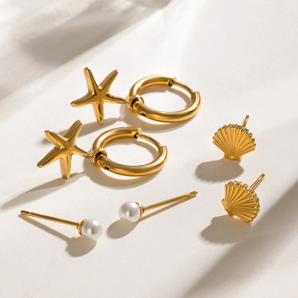 3-Pair Starfish and Pearl Earring Set - Stainless Steel Threader & Stud Earrings in Gold/Silver