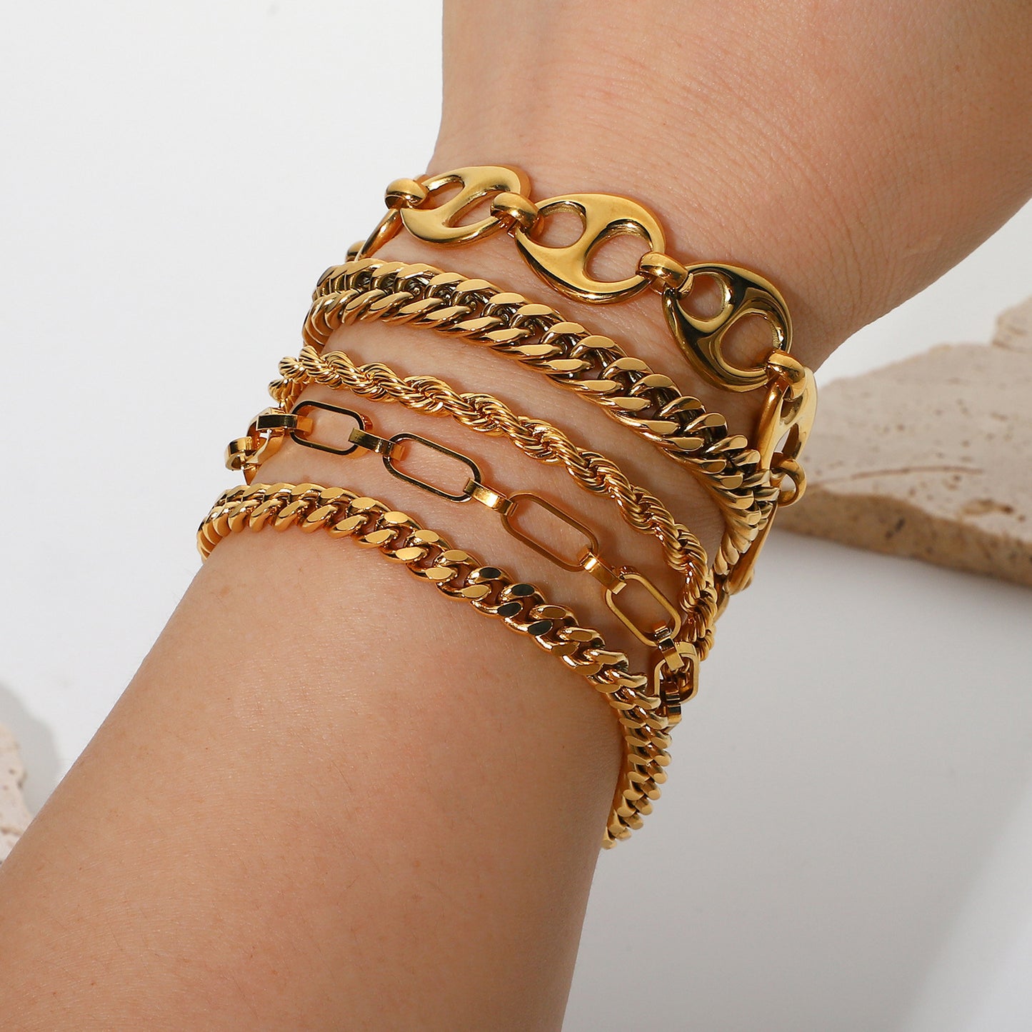 Miami Cuban Chain Bracelet - Flat Snake Link 18K Gold Plated, Adjustable Layering Bracelet for Women & Men