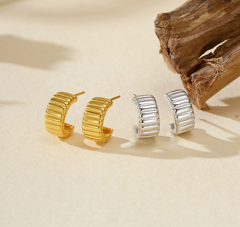 French Style C-Shaped Stud Earrings - S925 Sterling Silver Minimalist Elegance in 18k Gold/White Gold