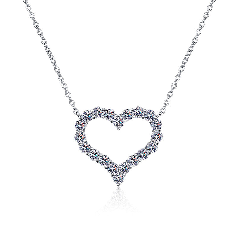 Dainty Heart Pendant Necklace with Moissanite - PT950 Plated Sterling Silver Collarbone Chain