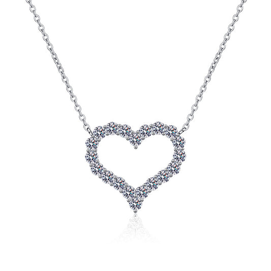 Dainty Heart Pendant Necklace with Moissanite - PT950 Plated Sterling Silver Collarbone Chain