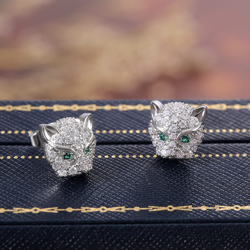 Leopard Head Stud Earrings - Multi Color CZ Micro-Pavé Sterling Silver Animal Jewelry