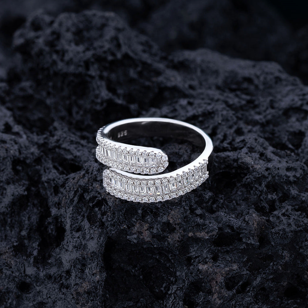 T-Square Crossover Full Pavé Ring - S925 Sterling Silver Statement Band for Women