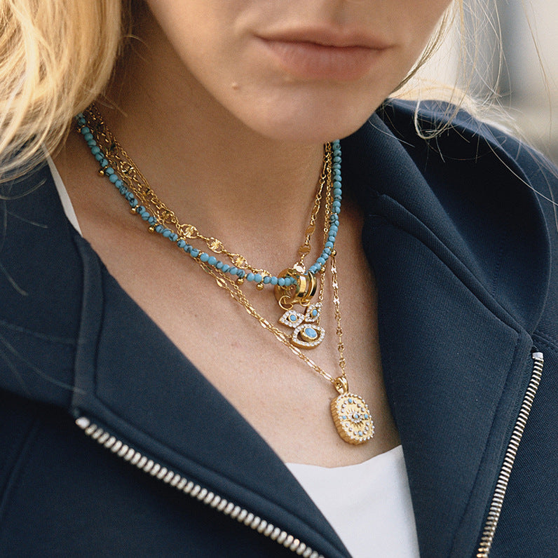 Evil Eye Necklace with Blue Turquoise - Titanium Steel Choker for Women, Protection Amulet Gift