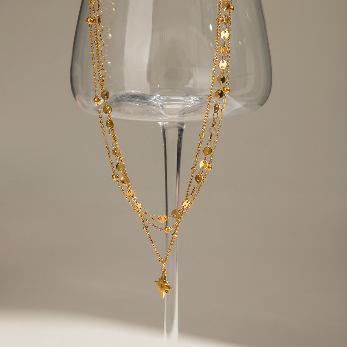 Triple Layer Star Pendant Necklace - 18K Gold Plated Stainless Steel Minimalist Choker