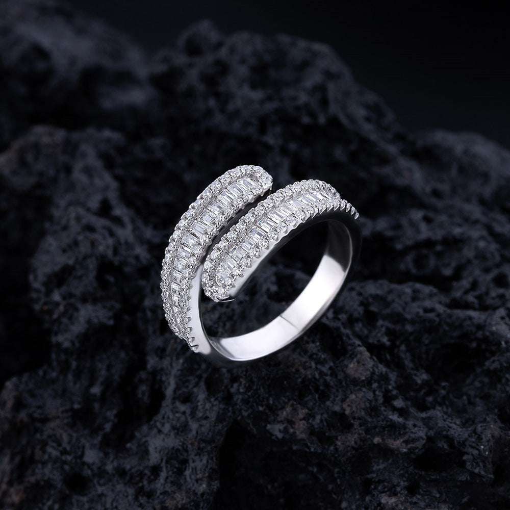 T-Square Crossover Full Pavé Ring - S925 Sterling Silver Statement Band for Women
