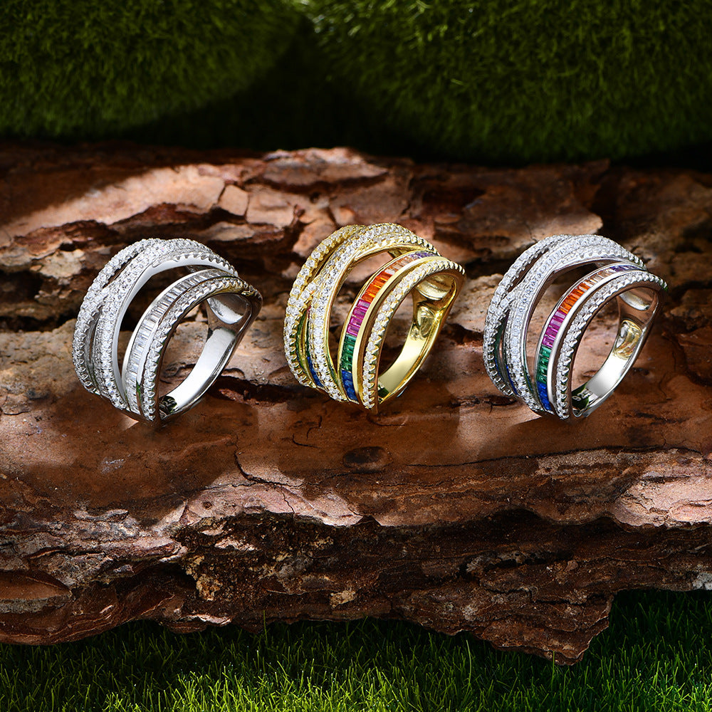 Geometric Stacking Ring - Multicolor CZ & Sterling Silver Wide Band Ring