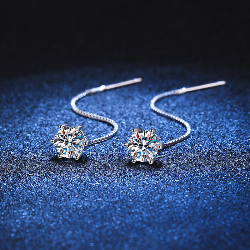 Classic 6-Prong Moissanite Stud Earrings - 1CT D Color PT950 Plated Threader Earrings