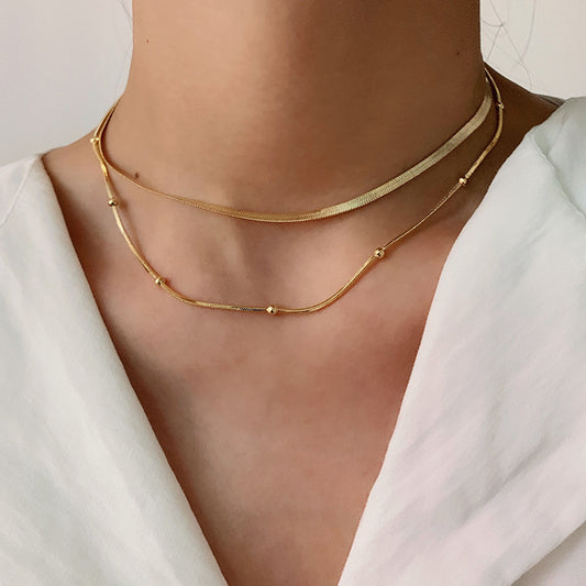 Adjustable Bead Choker Necklace - 14K Gold Plated Layered Chain for Daily Fashion