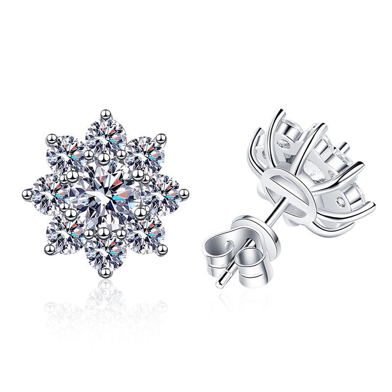 Sunflower Moissanite Stud Earrings - 1CT D Color Full Eternity Flower Earrings in Sterling Silver