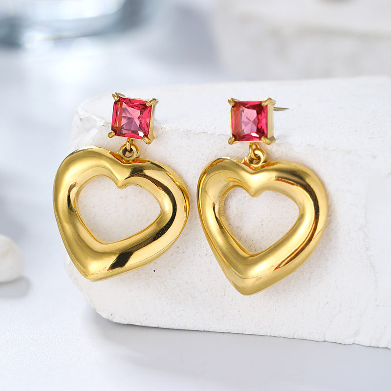 Gold Plated Heart Stud Earrings - Sparkling Zircon Minimalist Earrings for Women, Hypoallergenic Stainless Steel