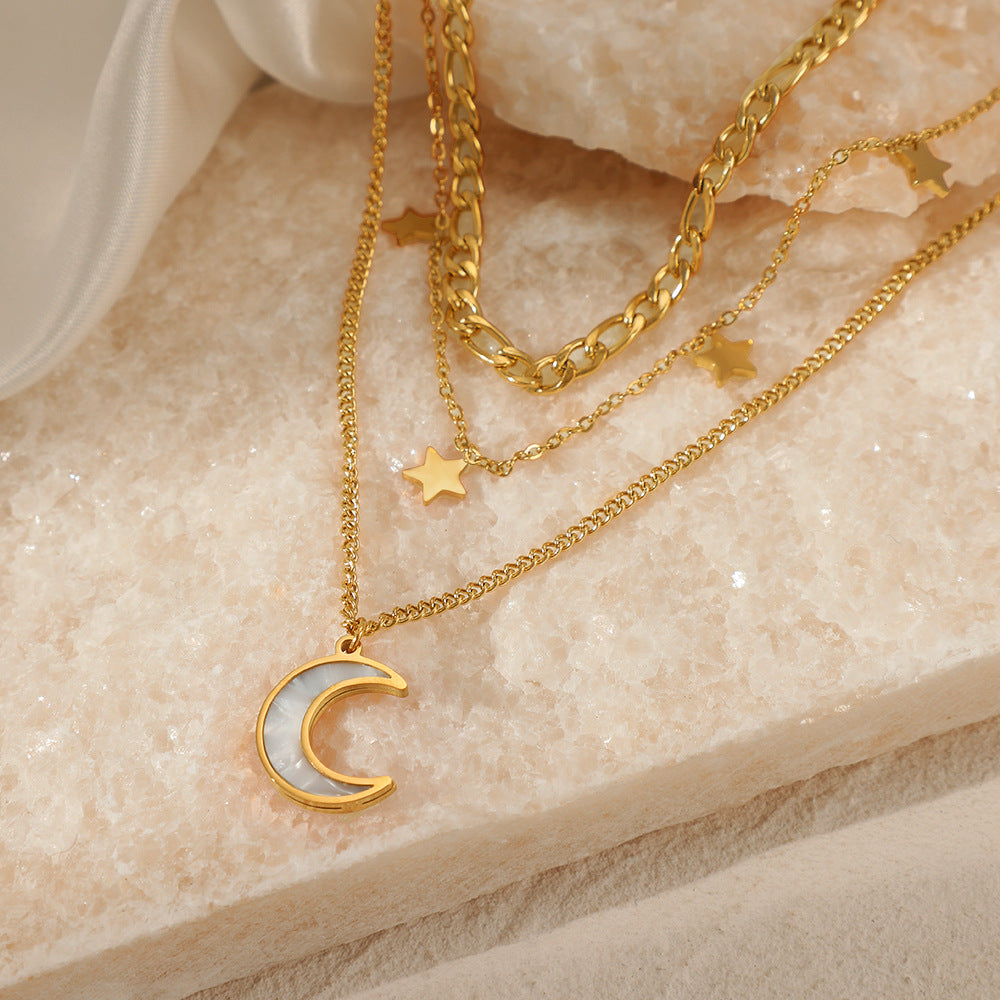 Personalized Three-Layer Necklace with Star & Moon Pendants - INS Trendy Gold Layered Choker