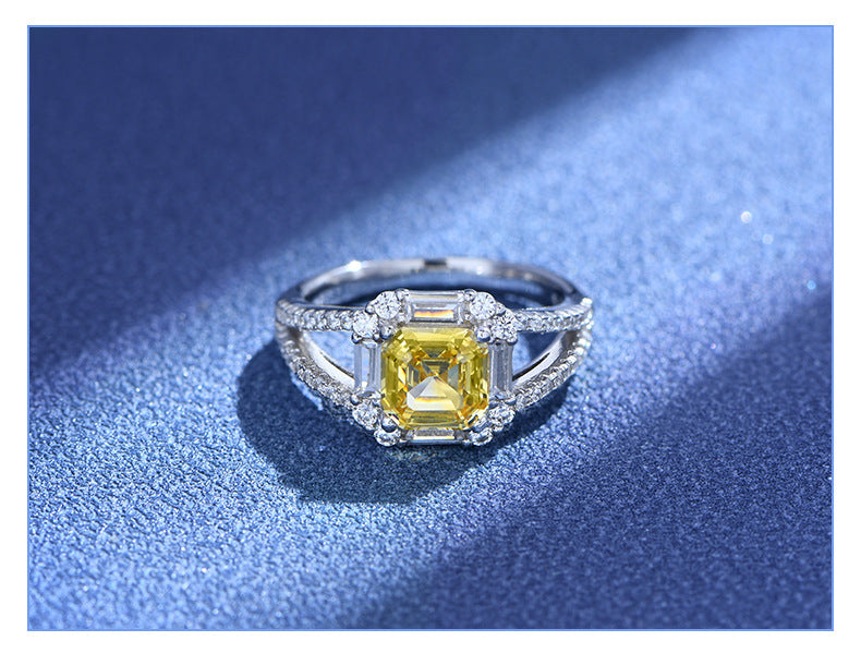 Asscher Cut Yellow CZ Ring - 7x7mm Art Deco Sterling Silver Ring