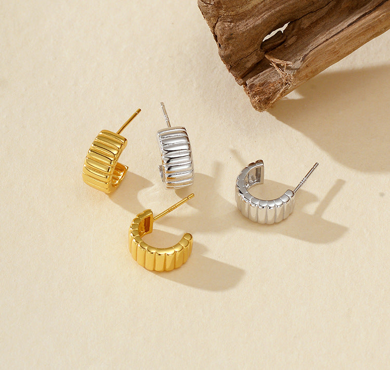 French Style C-Shaped Stud Earrings - S925 Sterling Silver Minimalist Elegance in 18k Gold/White Gold