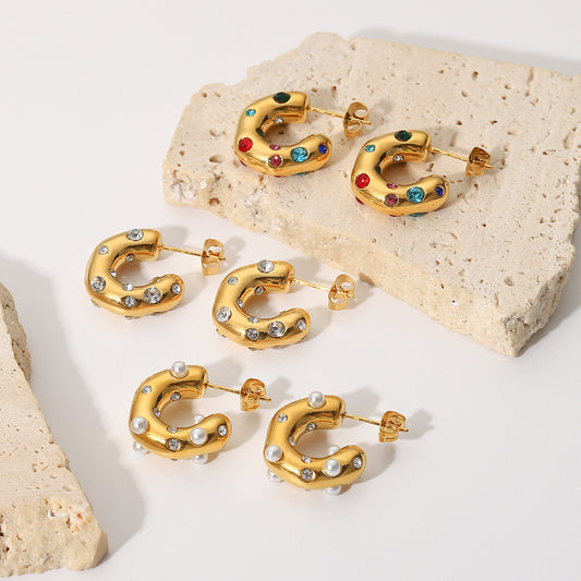 Hammered C-Shaped Zirconia Earrings - 18k Gold Plated Textured Statement Hoops