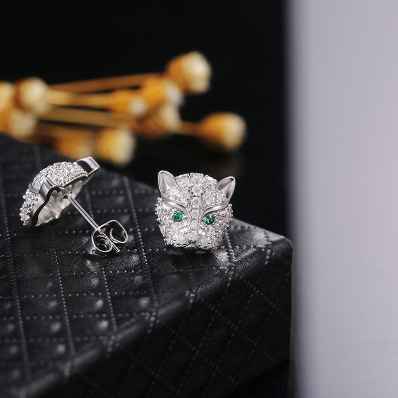 Leopard Head Stud Earrings - Multi Color CZ Micro-Pavé Sterling Silver Animal Jewelry