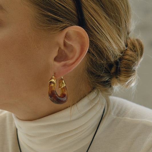 Chunky Resin Hoop Earrings for Women - 18K Gold Plated Modern Minimalist Statement