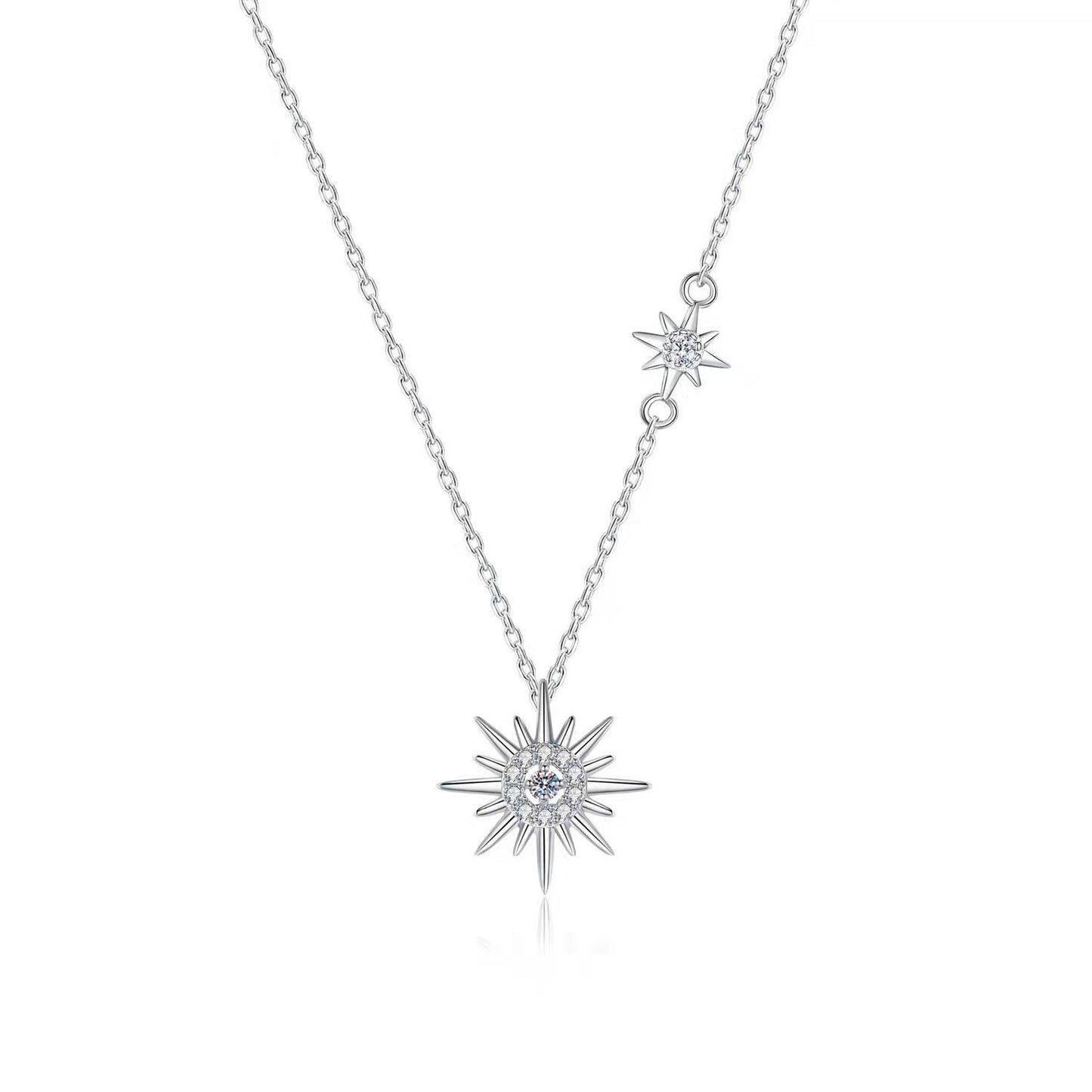Star Moon Fringe Necklace - Moissanite Hexagram Pendant Sterling Silver Chain | Korean Y2K Style