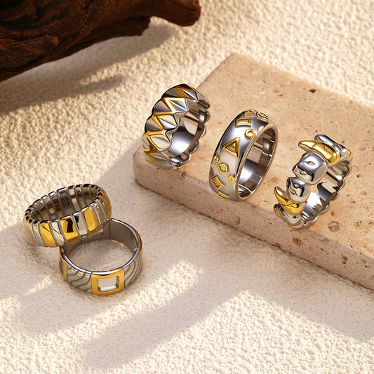 Geometric Punk Ring for Men & Women - 18K Gold Plated Stainless Steel Edgy Band