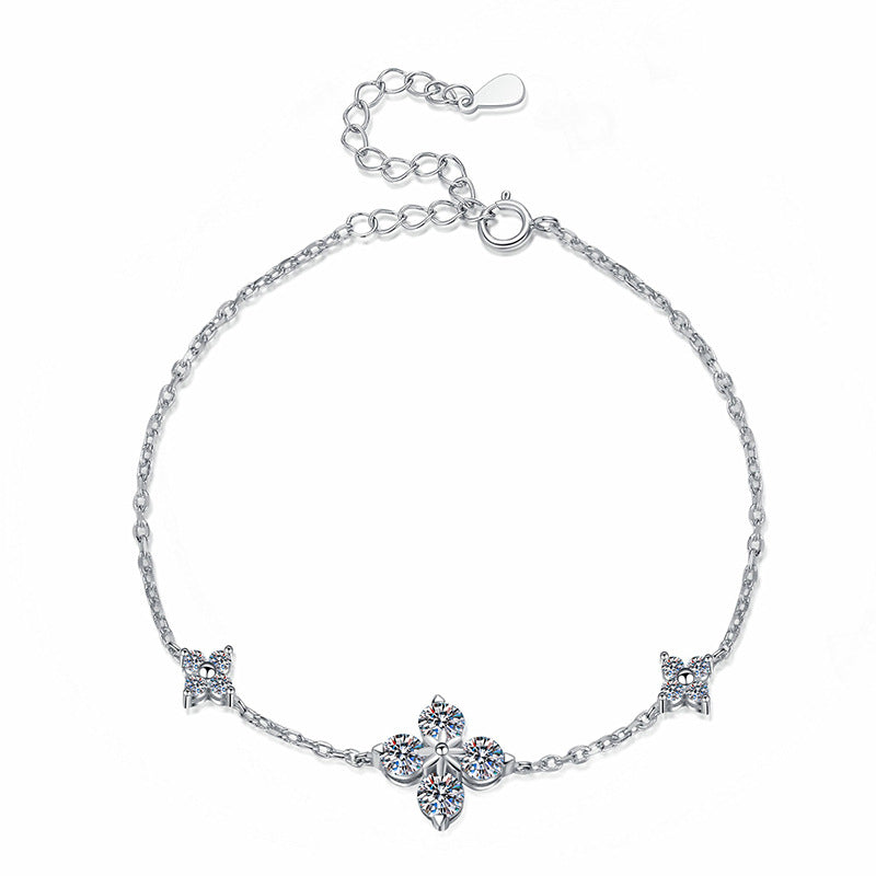 Four Leaf Clover Moissanite Bracelet - Sterling Silver Lucky Charm Bracelet for Women