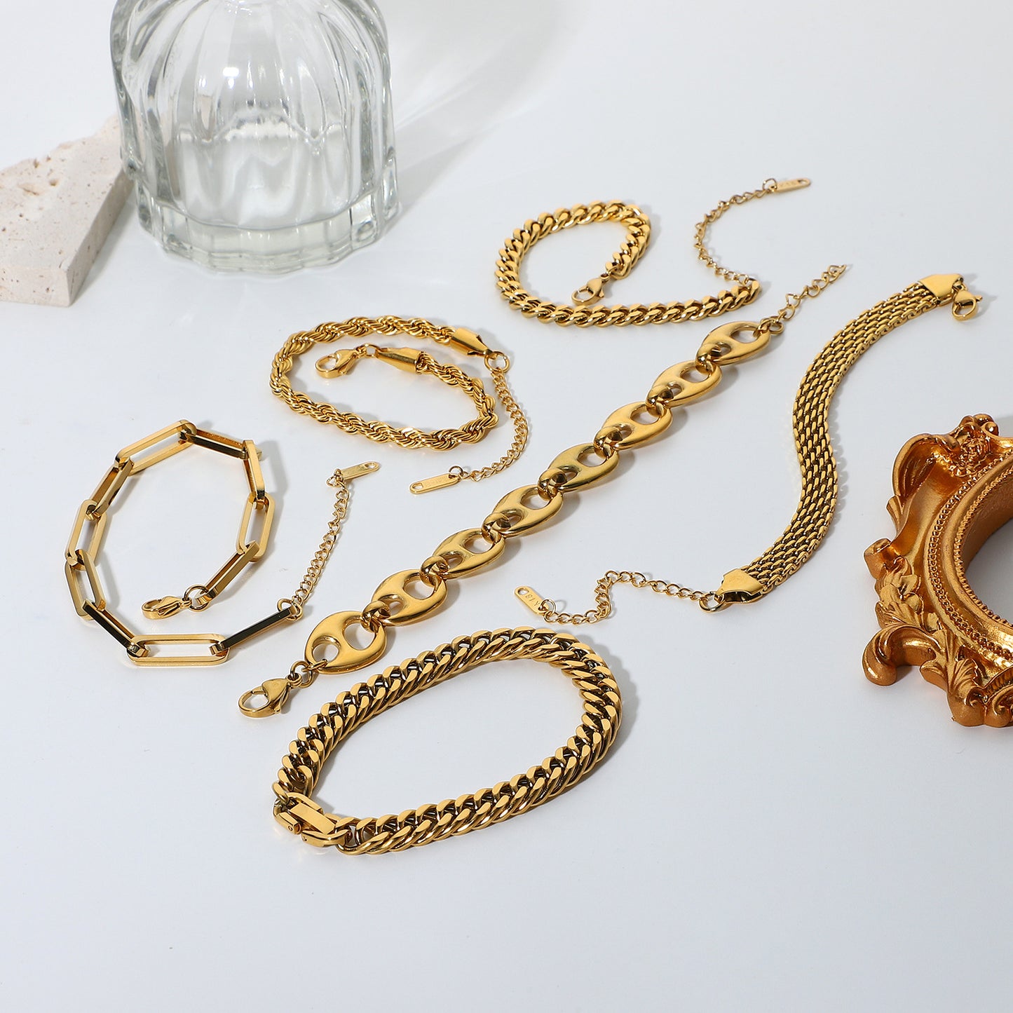 Miami Cuban Chain Bracelet - Flat Snake Link 18K Gold Plated, Adjustable Layering Bracelet for Women & Men