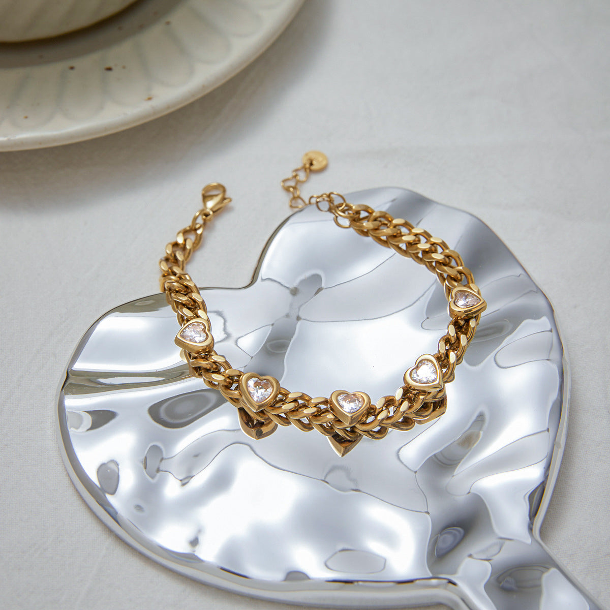 Dainty Heart Bracelet with Cubic Zirconia - Tarnish-Free Titanium Steel Chain, Minimalist Stacking Jewelry Gift for Her