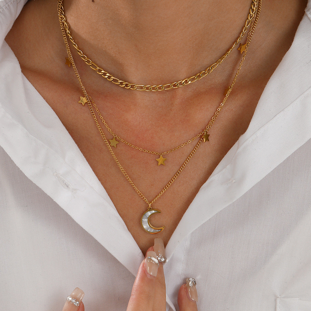 Personalized Three-Layer Necklace with Star & Moon Pendants - INS Trendy Gold Layered Choker
