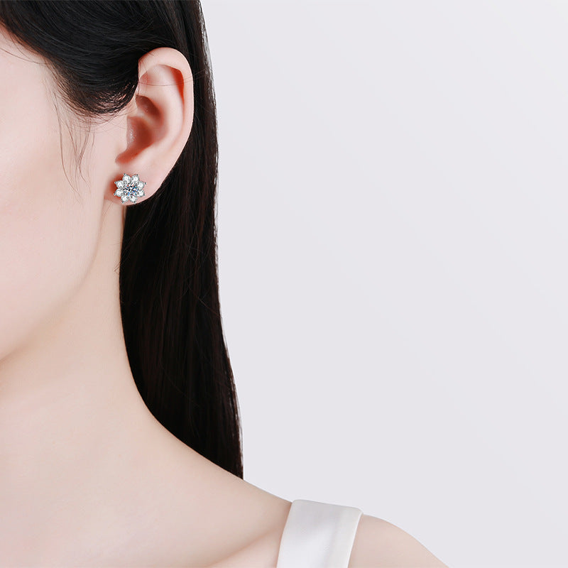 Sunflower Moissanite Stud Earrings - 1CT D Color Full Eternity Flower Earrings in Sterling Silver