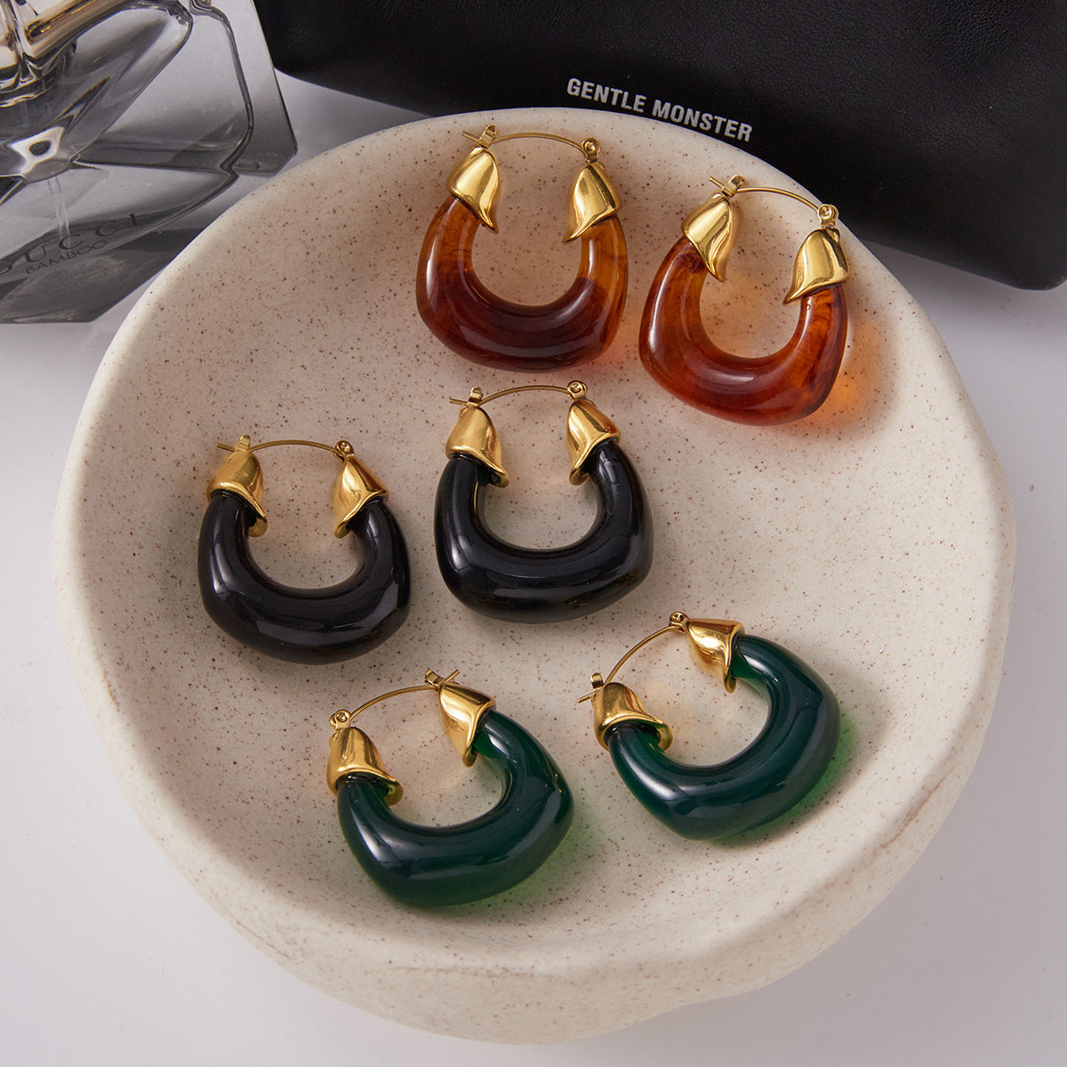 Chunky Resin Hoop Earrings for Women - 18K Gold Plated Modern Minimalist Statement