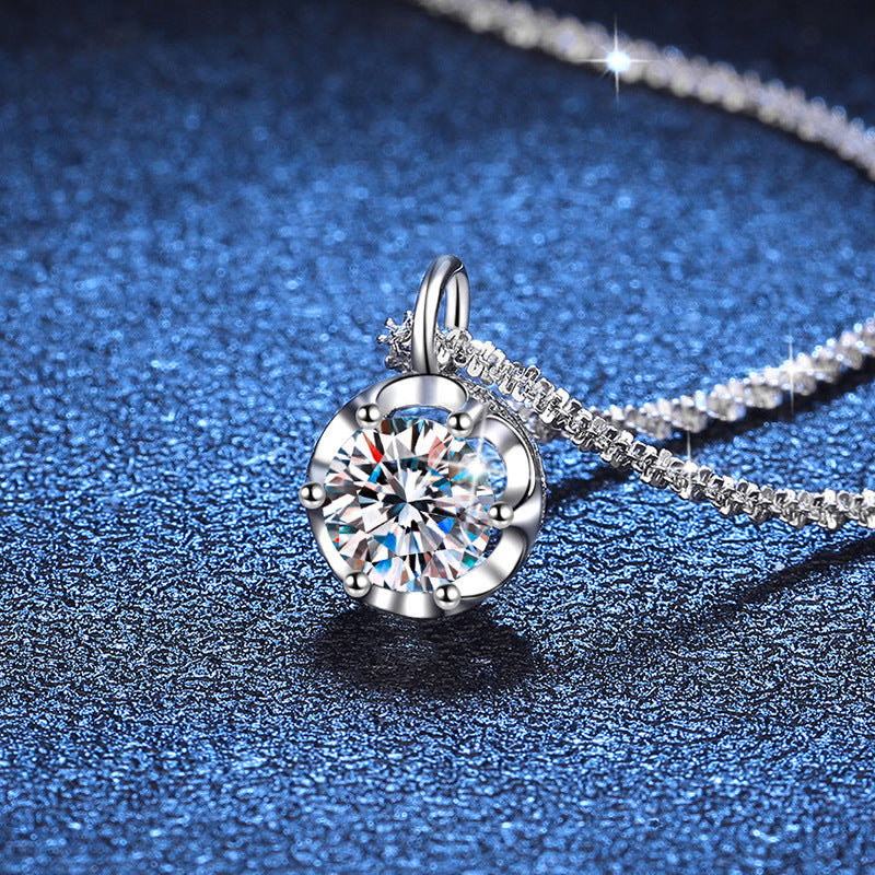 Crown Pendant Necklace with 1CT or 2CT D Color Moissanite - Sterling Silver Curb Chain
