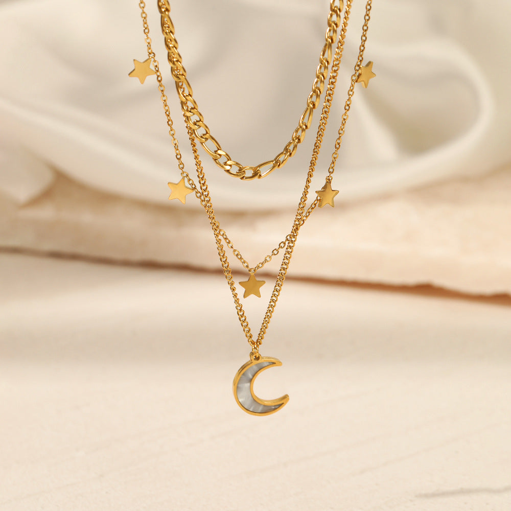 Personalized Three-Layer Necklace with Star & Moon Pendants - INS Trendy Gold Layered Choker