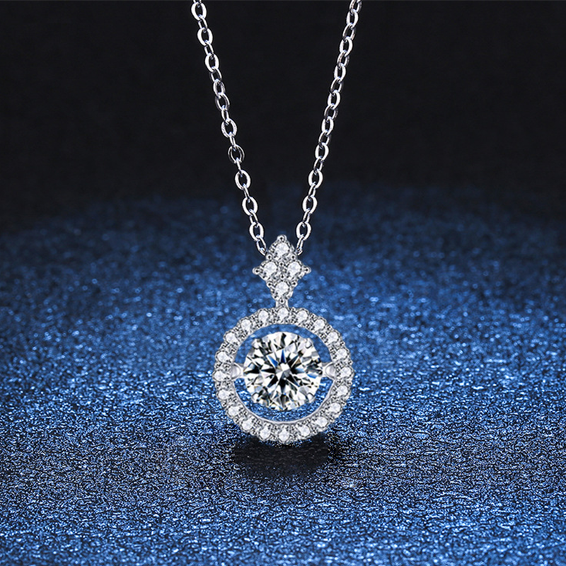 Dancing Heart Pendant Necklace with Sparkling Moissanite - Moving Floating Sterling Silver Chain