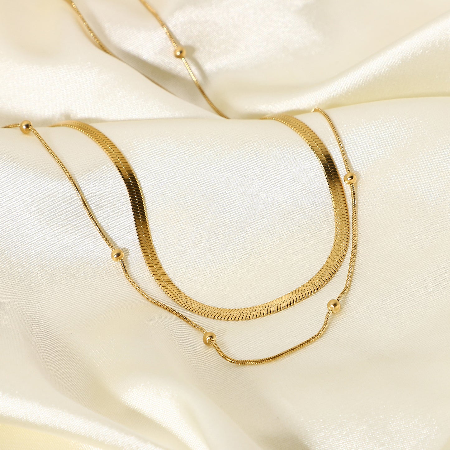 Adjustable Bead Choker Necklace - 14K Gold Plated Layered Chain for Daily Fashion