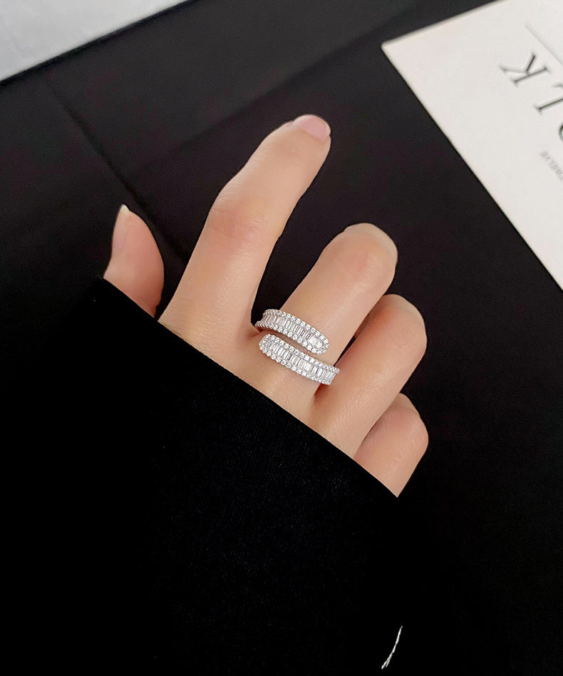 T-Square Crossover Full Pavé Ring - S925 Sterling Silver Statement Band for Women