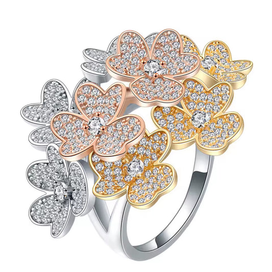 Three-Leaf Clover Full Pavé Ring - 18K Gold Plated Sterling Silver Statement Rin