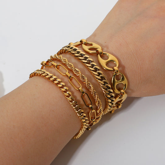 Miami Cuban Chain Bracelet - Flat Snake Link 18K Gold Plated, Adjustable Layering Bracelet for Women & Men