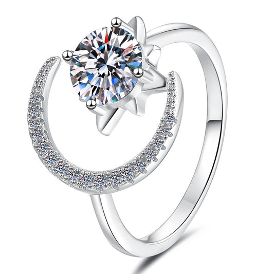 Sun & Moon Adjustable Ring - Moissanite Accent Sterling Silver Celestial Ring