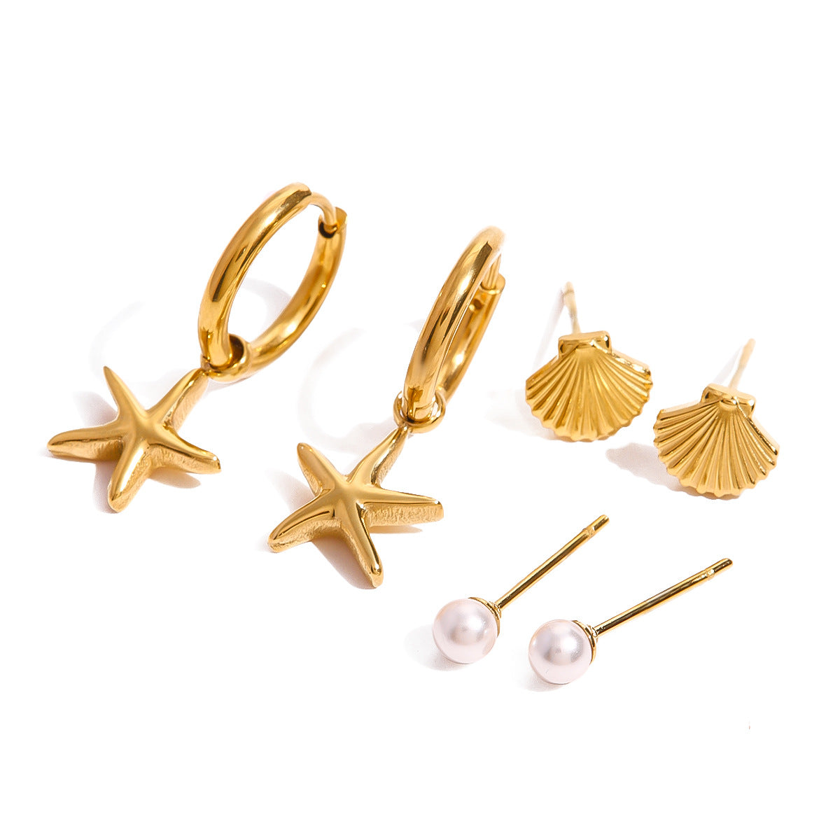3-Pair Starfish and Pearl Earring Set - Stainless Steel Threader & Stud Earrings in Gold/Silver