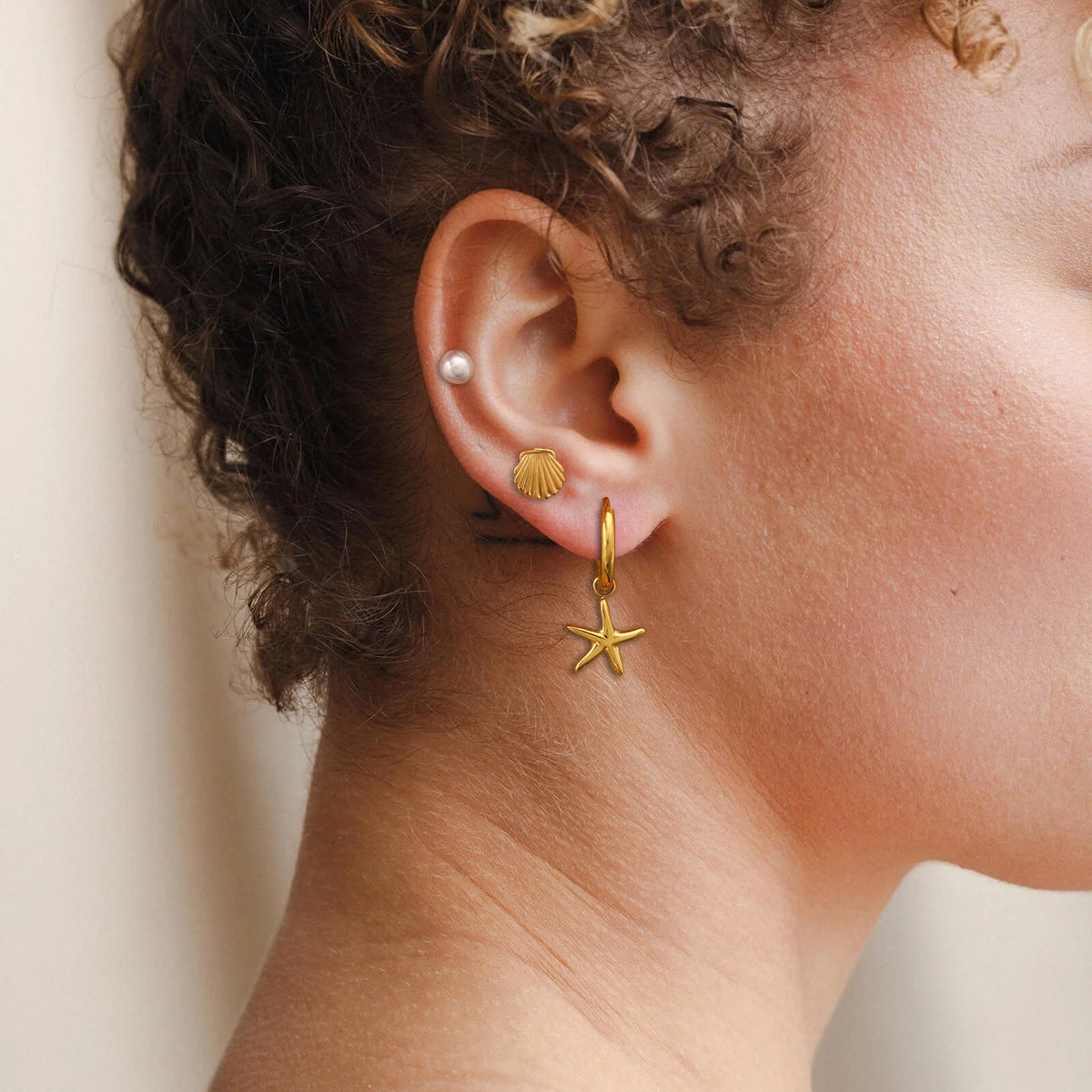 3-Pair Starfish and Pearl Earring Set - Stainless Steel Threader & Stud Earrings in Gold/Silver