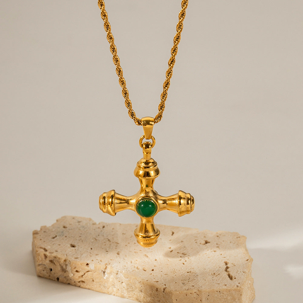 18K Gold Stainless Steel Cross Necklace with Tiger’s Eye Pendant – Tarnish Resistant Titanium Jewelry
