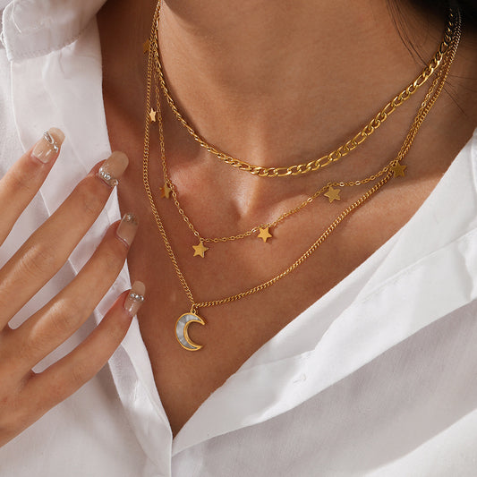 Personalized Three-Layer Necklace with Star & Moon Pendants - INS Trendy Gold Layered Choker