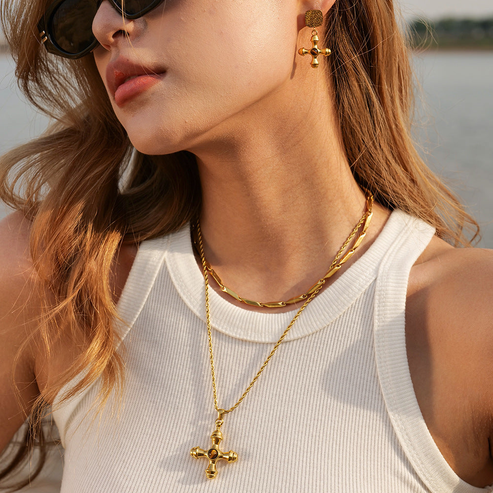18K Gold Stainless Steel Cross Necklace with Tiger’s Eye Pendant – Tarnish Resistant Titanium Jewelry