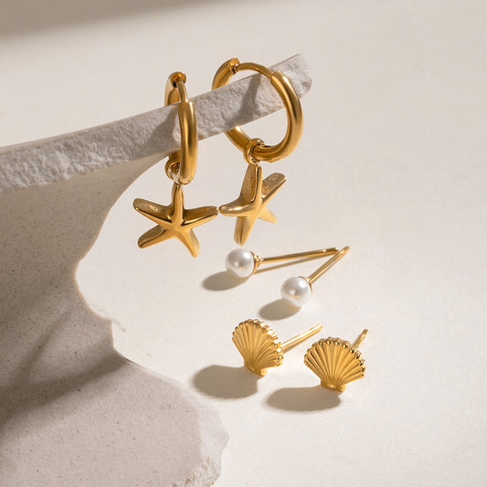 3-Pair Starfish and Pearl Earring Set - Stainless Steel Threader & Stud Earrings in Gold/Silver