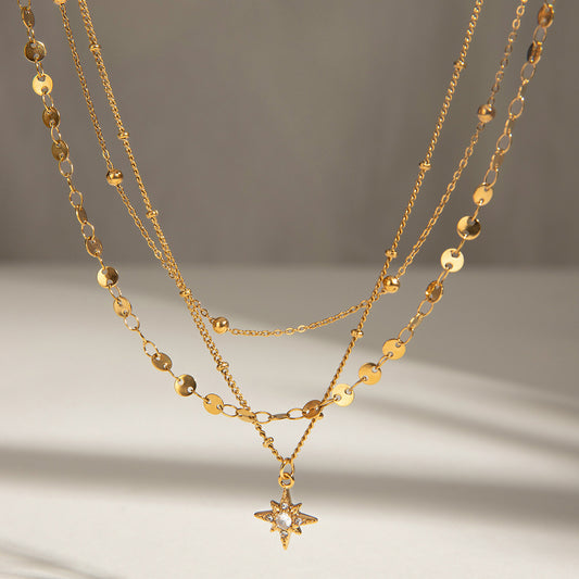 Triple Layer Star Pendant Necklace - 18K Gold Plated Stainless Steel Minimalist Choker