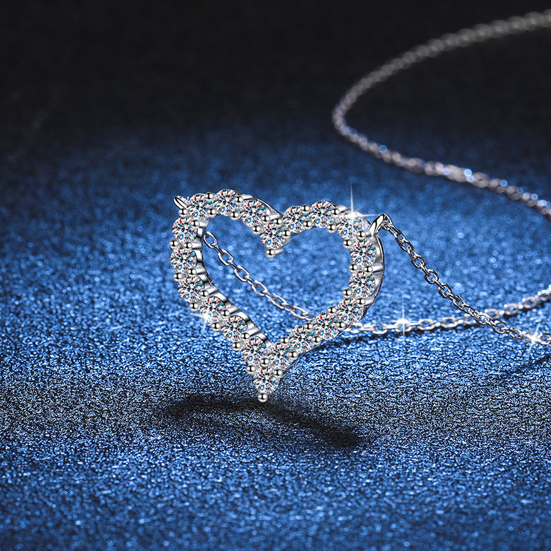 Dainty Heart Pendant Necklace with Moissanite - PT950 Plated Sterling Silver Collarbone Chain