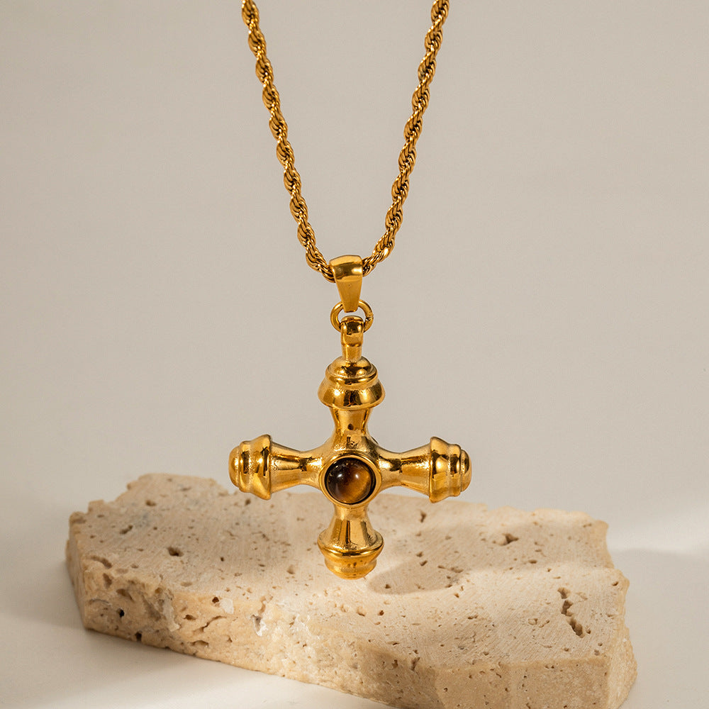 18K Gold Stainless Steel Cross Necklace with Tiger’s Eye Pendant – Tarnish Resistant Titanium Jewelry