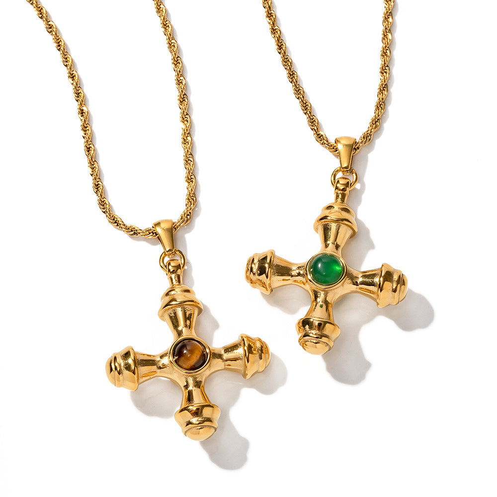 18K Gold Stainless Steel Cross Necklace with Tiger’s Eye Pendant – Tarnish Resistant Titanium Jewelry