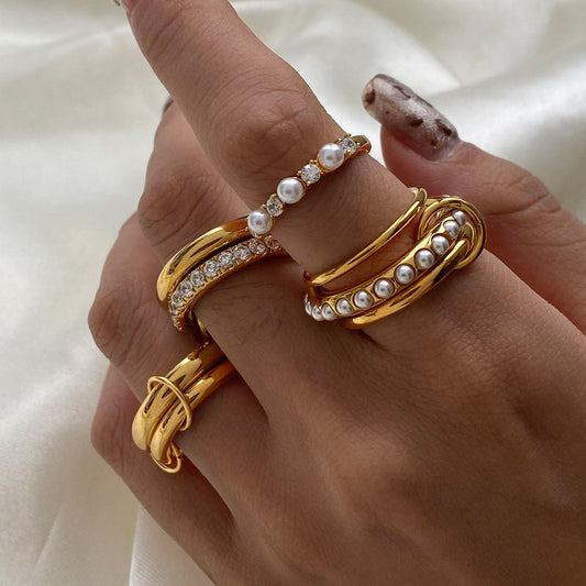 Layered Pearl Ring with Geometric Band - Luxurious Gold/Silver Plated Stainless Steel Stackable Ring