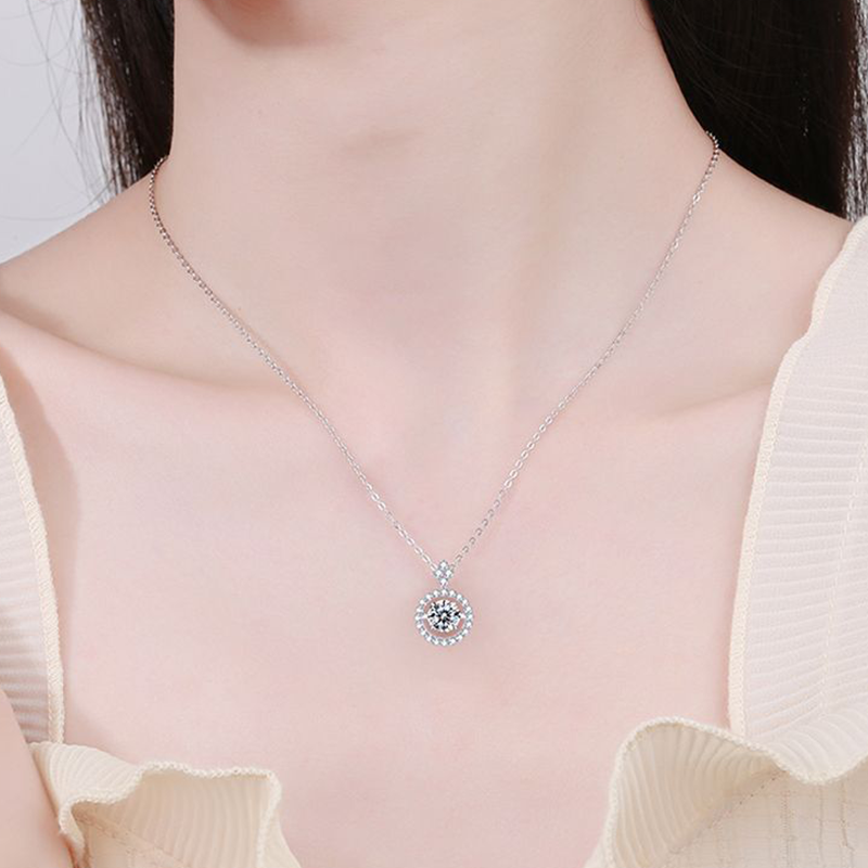 Dancing Heart Pendant Necklace with Sparkling Moissanite - Moving Floating Sterling Silver Chain