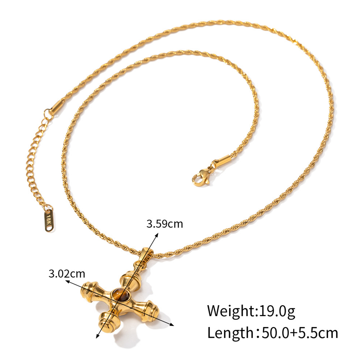 18K Gold Stainless Steel Cross Necklace with Tiger’s Eye Pendant – Tarnish Resistant Titanium Jewelry